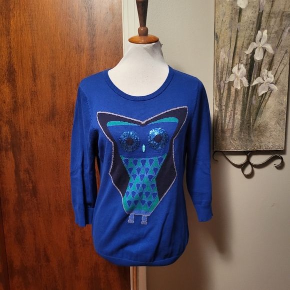 Cynthia Rowley Owl Sequin Sweater Medium Blue Pullover Green